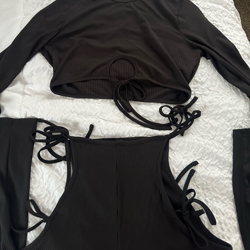 Black long sleeve crop top and side open tie pants  #croptop
